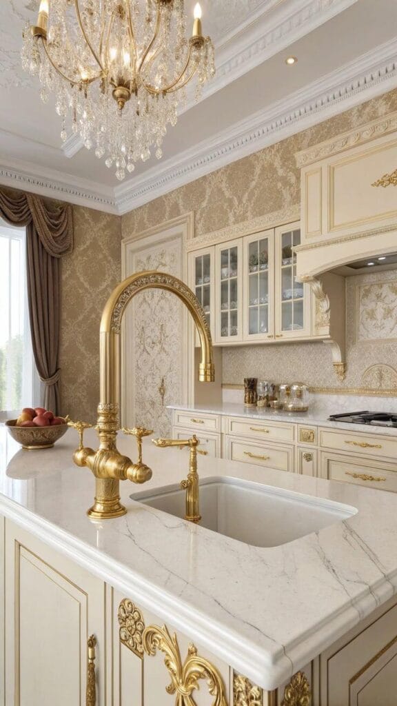 ترکیب رنگ طلایی و سفید در کابینت کلاسیک اصفهان