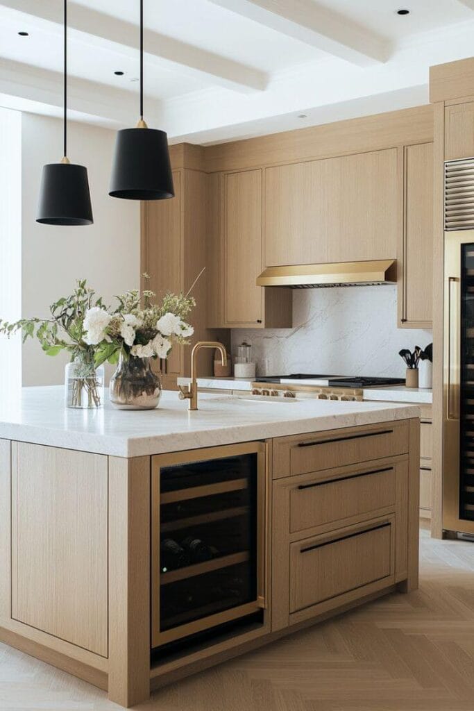 جزئیات طراحی کابینت سفید با ترکیب چوب در آشپزخانه