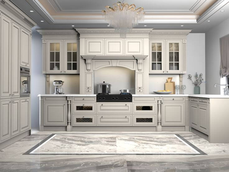 کابینت ممبران سفید طرح کلاسیک در آشپزخانه بزرگ