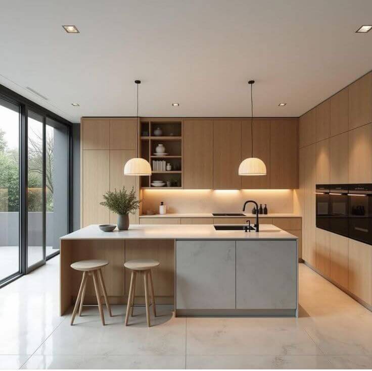 کابینت چوبی در آشپزخانه ای با طراحی مینیمال و نور مخفی