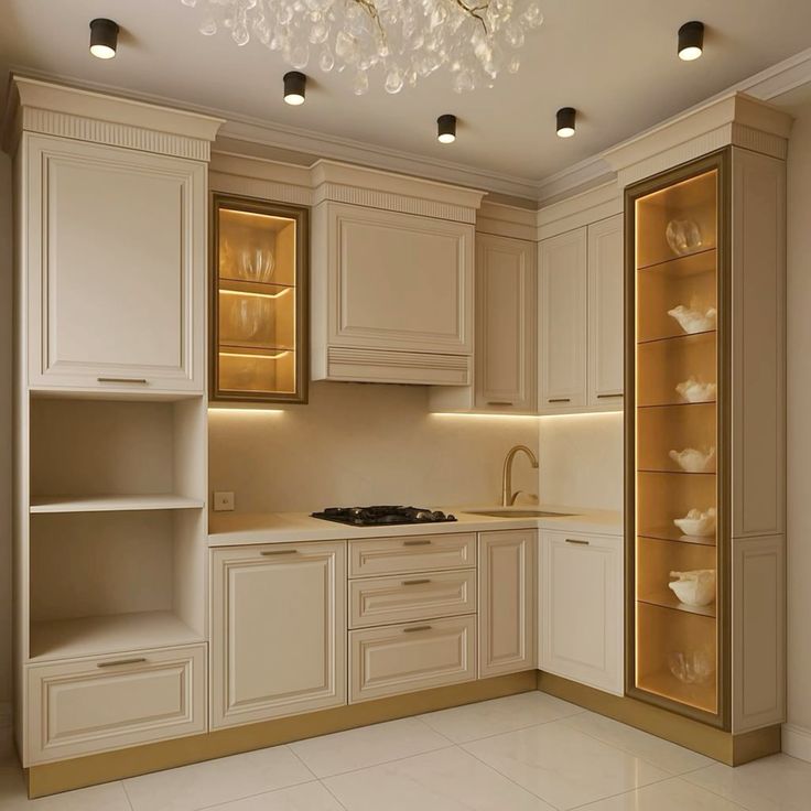 نمونه کار کابینت نئو کلاسیک با دستگیره طلایی در اصفهان