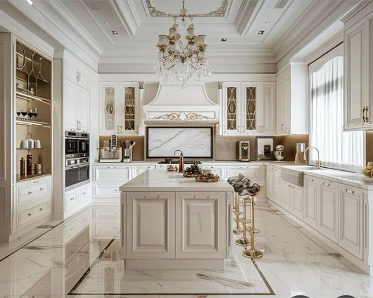 تصویر اجرای کابینت نئوکلاسیک روشن با جزیره و صفحه سنگ در اصفهان توسط آرتان دکور